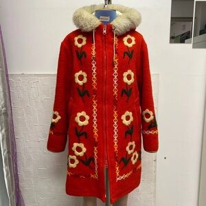 VINTAGE RED HUDSON'S BAY WOOL PARKA WITH FUR LINED HOOD
